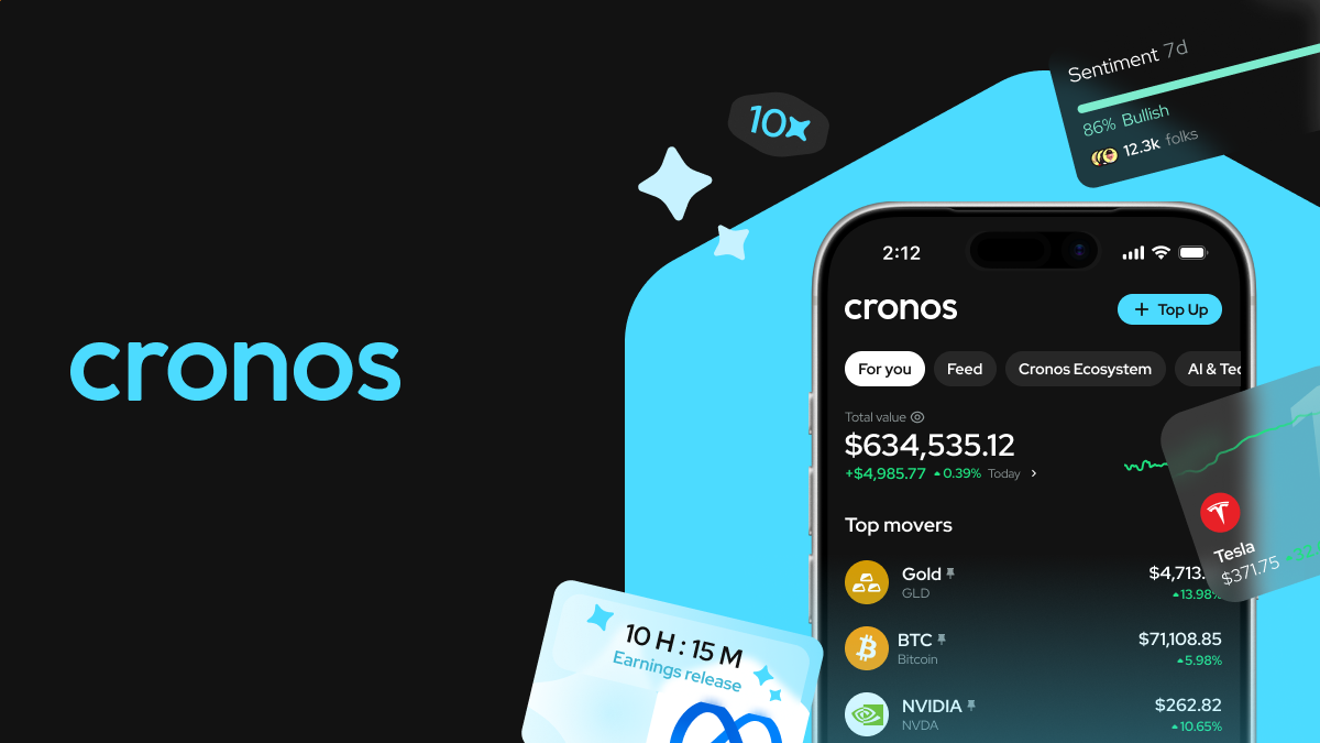 Cronos wordmark beside phone showing prices and top movers